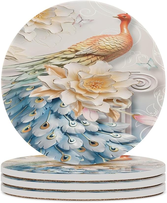 Peacock Drink Coasters, Round Ceramic Drink Coaster Round-4PCS, Vintage Country Flower Beautiful Peacock Floral Decor Absorbent Ceramic Coasters for Beverage Cup, Bar, Coffee Table