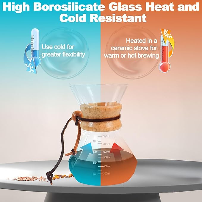 Pour Over Coffee Maker 800ml 27.1oz Glass Drip Coffee Maker with 304 Stainless Steel Filter High Borosilicate Glass Duckbill Spout Solid Wood Handle Pour Over Coffee Dripper for Daily Brewing