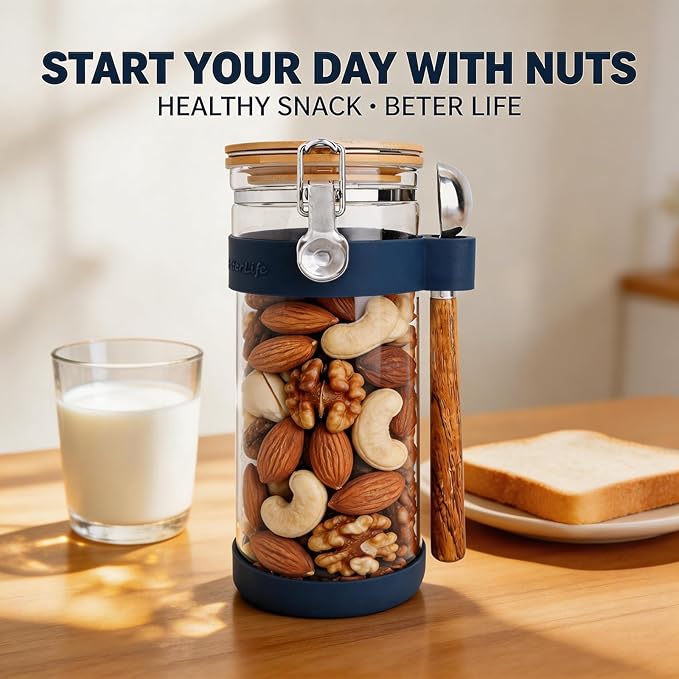 1.5-Quart Large Glass Nuts Storage Container, Airtight Food Storage Jar with Bamboo Lid & Scoop, Keeps Nuts Crunchy & Fresh, Perfect for Pantry Organization & Storing Nuts, Almonds, Peanuts