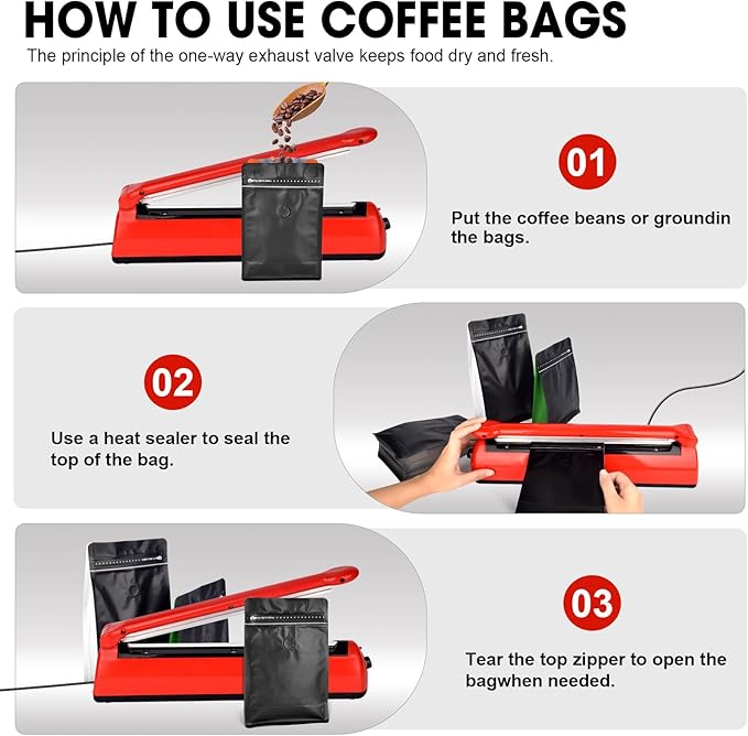 Coffee Bags with Valve(60pcs,8oz,0.5lb) Vented Coffee Beans Packaging Bags High Barrier Aluminumed Foil Flat Bottom Heat Sealed Side Zipper Resealable Storage Bag for Home or Business（Black+Red）