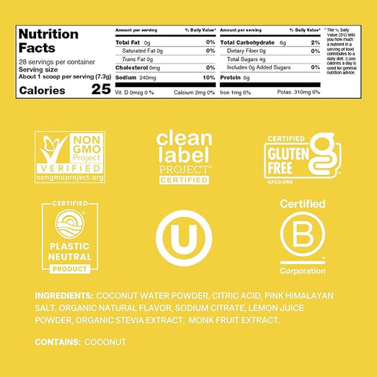 Cure Hydration | Plant-Based Electrolyte Drink Mix | No Added Sugar | FSA-HSA | Dehydration Relief Powder Made with Coconut Water | Non-GMO | Vegan | 28 Servings Jar - Lemonade