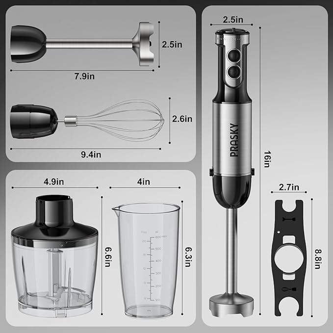 Immersion Blender Handheld Hand Blenders, 20 Speed & Turbo Mode Hand Held Blender, Heaviest Duty Copper Motor, Stainless Steel Blades, Milk Frother Wand, Whisk, 600ml Beaker, 500ml Chopper (Silver)