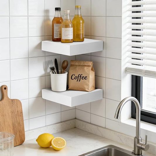 Floating Wall Shelves 6.8x6.8x1.7 Inch – Solid Wood Square Shelves in White Finish – Rustic Mini Display Shelves for Entryway, Bathroom, Small Spaces – Set of 2