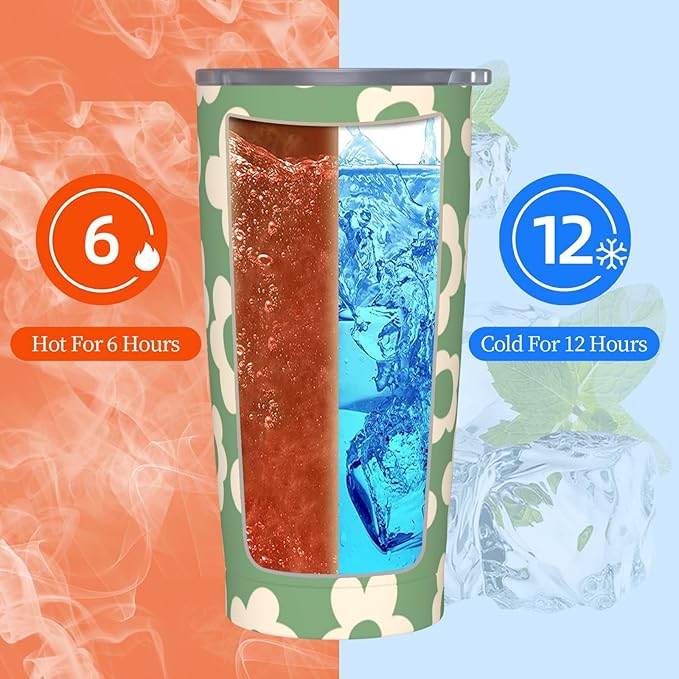 Vintage Groovy Flowers 20oz Stainless Steel Insulated Tumblers Travel Mug Cup Leakproof Gift For Men Women Hot & Cold Drinks Splash-Proof Lid Metal Straw and Brush