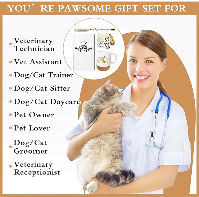 4 Pcs Veterinary Gifts Set White Thank You Gift for Cat Dog Groomers Trainer Coffee Mug Scented Candle Notebook Pen for Vet Tech Veterinary Assistant Receptionist Dog Sitter Daycare Coworker