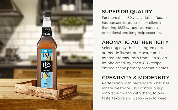 1883 Sugar Free Vanilla Syrup – Sugar Free Vanilla Coffee Syrup, Zero Calorie Beverage Mixer, Made in France, 1 Liter Plastic Bottle