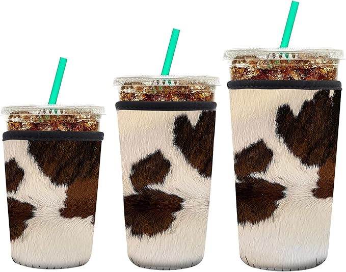 3 Pack Reusable Neoprene Insulator Sleeve for Iced Coffee Cups, Funny Coffee Cup Sleeves for 16-32oz Coffee cups, Cute Drink Sleeve for Cold Hot Beverages Cute Cow Print