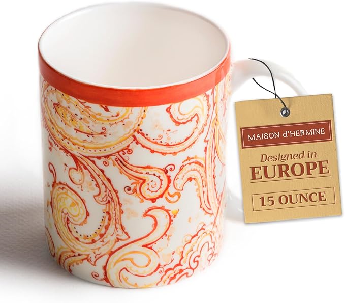 Maison d' Hermine Coffee Mug with Handles Fine Bone China Mugs Pack of One Tea Cups for Hot Beverages Cappuccino Latte Home Office Perfect for Gift (Palatial Paisley - Paisley Autumn, 15 Ounce)