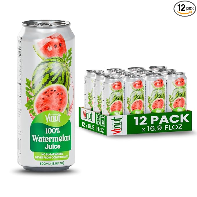 VINUT 100% Watermelon Juice, No Added Sugar, Not From Concentrate, 16.9 fl oz (500 mL) Can, Pack of 12