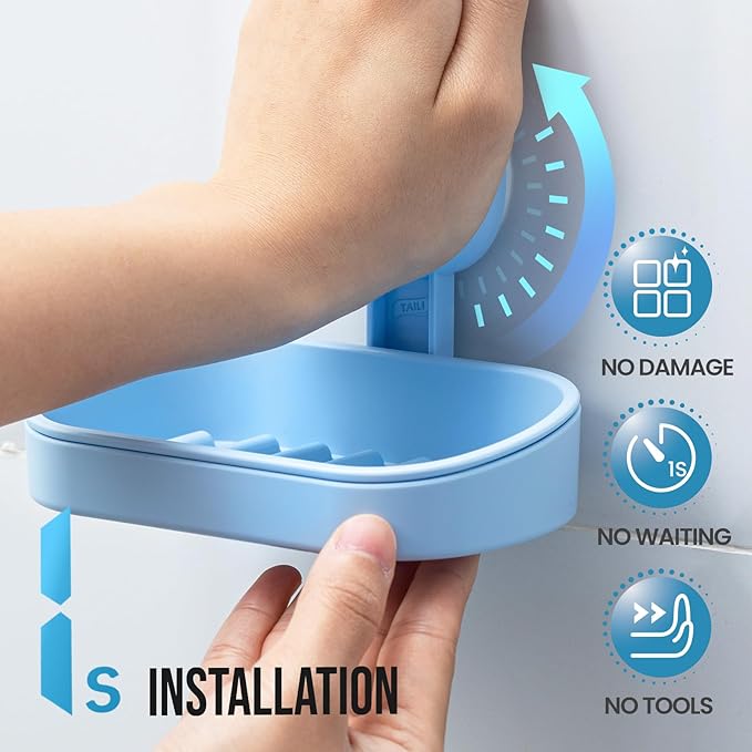 TAILI Soap Dish Bar Holder Suction Cup,SoapSaver with Powerful Vacuum Suction,Sponge Holder for Shower,Bathroom,Tub andKitchen Sink,Universal Shower Accessories,Drill-Free,Removable,2 Pack,Blue