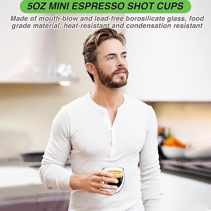 Espresso Cups Set of 6, 5 OZ Expresso Shots Glass Cup, Double Walled Glass Coffee Mugs, Espresso Machine Accessories,Insulated Clear Espresso Shot Glasses Cups,Water Won't Enter Between Double Walls