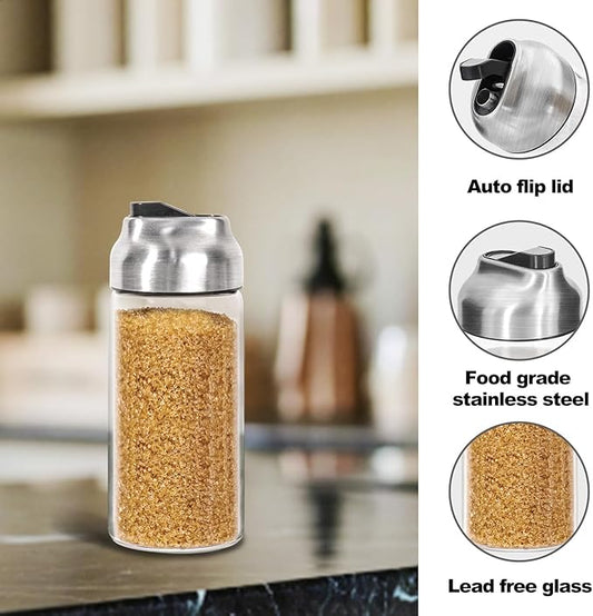 14oz Glass Sugar Dispenser with Spout - Refillable Pour Shaker for Coffee Bar, Tea Station & Table - Large Airtight Sugar Container for Kitchen Counter