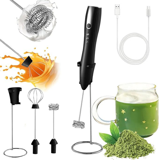 Rechargeable Milk Frother Handheld with Stand, Coffee Foam Frother Wand, Detachable Stainless Steel Whisk Drink Mixer for Coffee, Cappuccino, Lattes, Frappe, Matcha,Egg and Hot Chocolate, (Black)