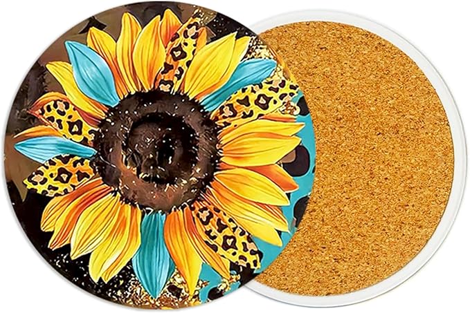 2Pack Leopard Sunflower Ceramic Coasters Absorbent Coasters for Drinks with Cork Base,Coaster for Table Office Desk Coffee Wine Beer Bar Cup Mat 3.9 Inch,Sunflower Gifts for Women