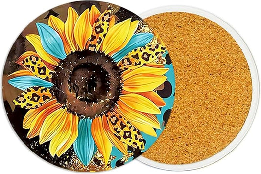 2Pack Leopard Sunflower Ceramic Coasters Absorbent Coasters for Drinks with Cork Base,Coaster for Table Office Desk Coffee Wine Beer Bar Cup Mat 3.9 Inch,Sunflower Gifts for Women