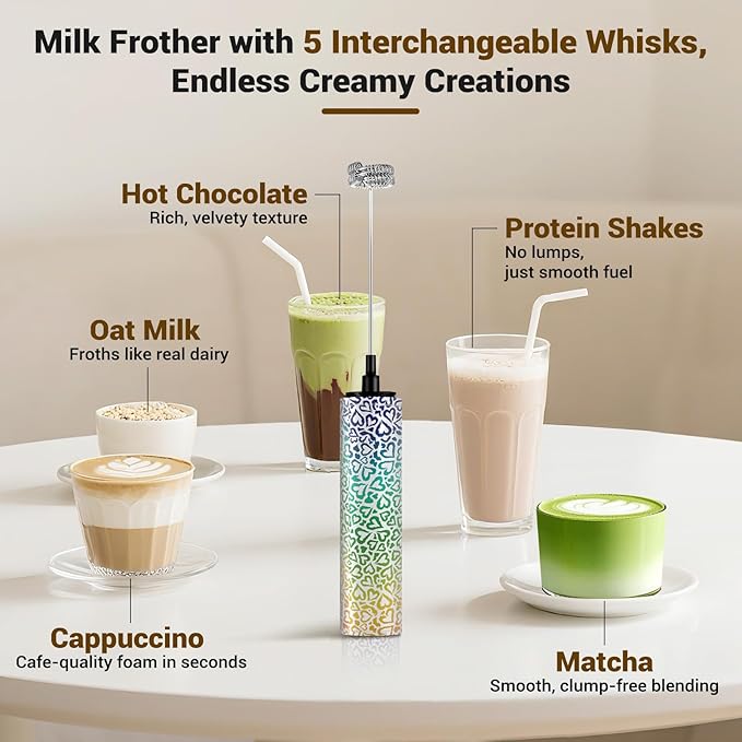 Milk Frother Handheld Rechargeable - 2-Speed Electric Whisk with 5 Detachable Heads (Frother/Mixer/Whisk) for Coffee, Latte, Cappuccino & Matcha, Drink Mixer (Flower 5)