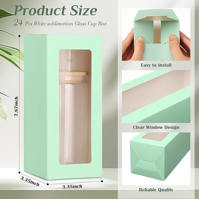 Honoson 24 Pcs Tumbler Gift Box with Ribbon for Sublimation Glass Exhibition Boxes Transparent for 12oz 16oz 20oz Drinking Cup Glasses Jars Mug Can Blanks(Mint Green)