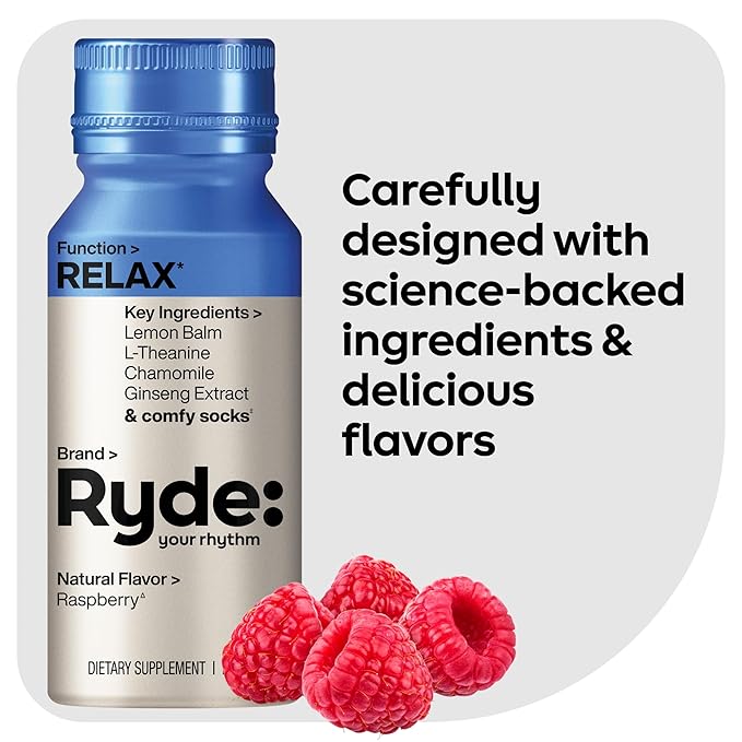 Ryde: Relax Shot | Raspberry Flavor | Lemon Balm, L-Theanine, Ginseng & Chamomile | 0 Calories, 0 Sugar | 2 FL OZ Shots | Helps You Relax* (8 Pack)