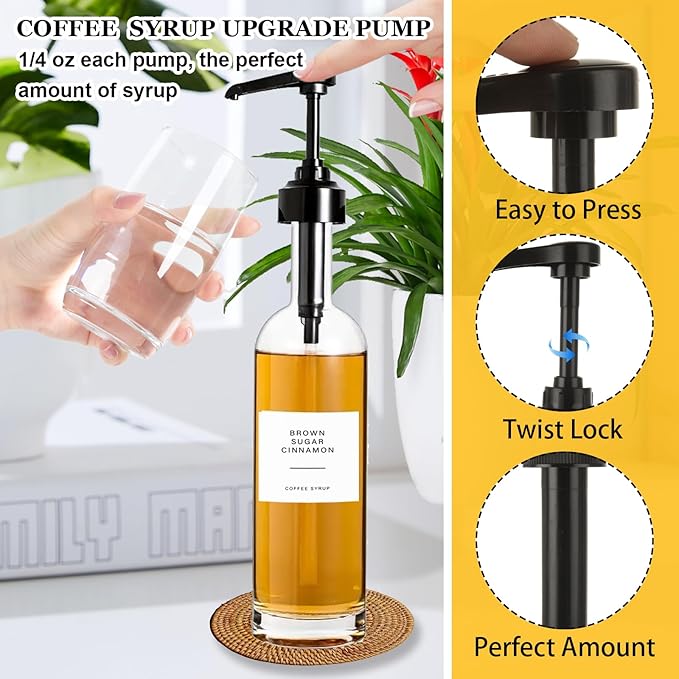 4 PCS 25 Oz Glass Coffee Syrup Dispenser 750 ML Glass Syrup Bottle With Pump And Labels Black Coffee Syrup Pump Dispenser for Coffee Bar Accessories, Home Bar