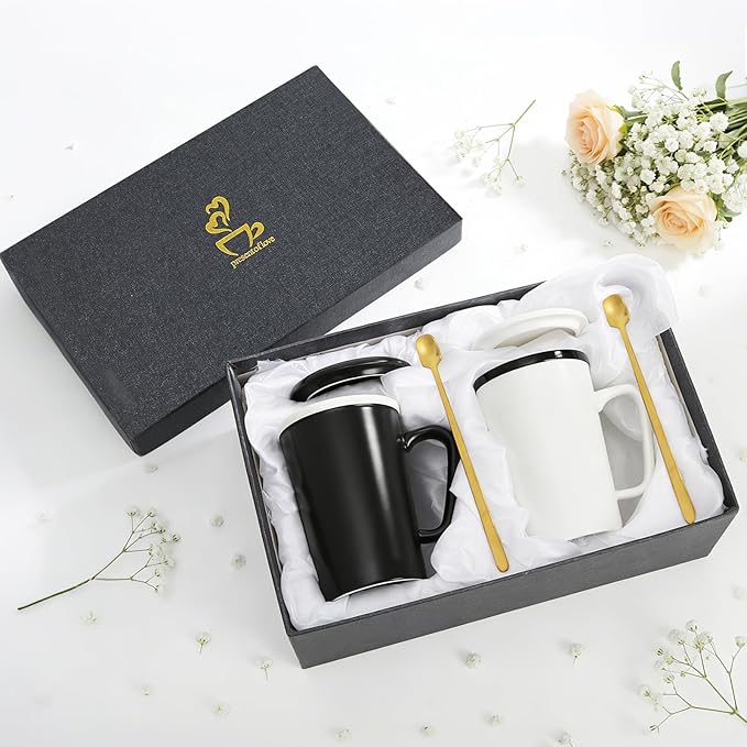 ZENFUN 2 Pc Ceramic Mugs Set for Couple, Coffee Mugs with Gift Box, Engagement Wedding Gift His and Hers, 13 oz Porcelain Mug Set with Lid and Gold Spoon(Black&White)