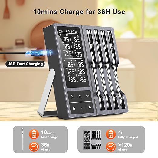 Wireless Smart Meat Thermometer with 4 Probes & APP Alerts, 800ft Bluetooth Grill Thermometer, 0.19In Ultra Thin Probes, ±0.5℉ Accuracy, Big Digital Backlit Screen, for Kitchen BBQ, Oven, Smoker