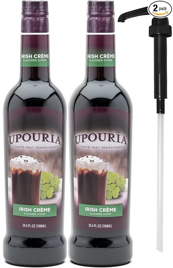 Upouria Irish CremeCoffee Syrup Flavoring, 100% Vegan, Gluten-Free, Kosher, Keto, 750 mL Bottle (Pack of 2) with Coffee Syrup Pump