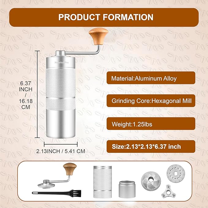 NewlukPro M6 Manual Coffee Grinder,Conical Hexagonal Burr & Double Bearings for Smooth Grinding,Designed for Espresso Pour Over French Press,25g Capacity,Compact & Portable,Gifts for Coffee Lovers