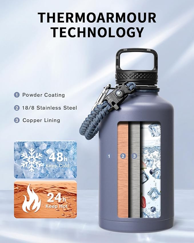 Trebo Water Bottle 64oz with Paracord Handle, Half Gallon Large Vacuum Double Wall Stainless Steel Insulated Water Jug with Holder Strap Straw Spout Lids, Leakproof Keep Cold & Hot, Grayish purple
