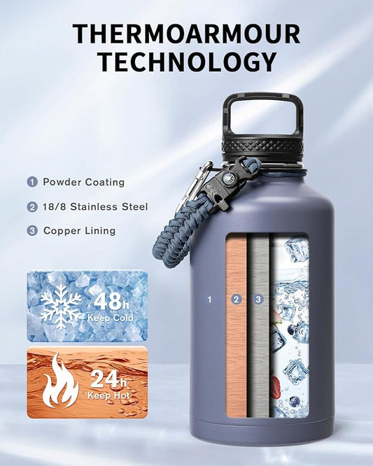 Trebo Water Bottle 64oz with Paracord Handle, Half Gallon Large Vacuum Double Wall Stainless Steel Insulated Water Jug with Holder Strap Straw Spout Lids, Leakproof Keep Cold & Hot, Grayish purple