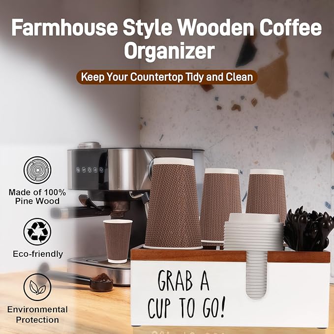 100% Wooden Coffee Cups Holder with U-Shape Cutout Design for Countertop-Coffee Bar Organizer for Cups, Lids, Pods, Stirrers, and Accessories, Great Gift for Home or Office (White)