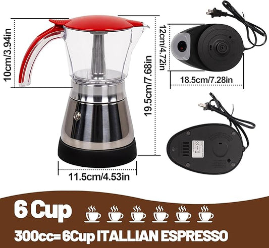 Electric Moka Pot 6 Cup 300ml Plastic Transparent Stovetop Espresso Maker Portable Stainless Steel Mocha Pot Percolator Italian Coffee Makers Greca Machine Cafe Classic for Home Camping