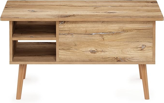 Furinno Jensen Living Room Wooden Leg Lift Top Coffee Table with Hidden Compartment and Side Open Storage Shelf, Flagstaff Oak