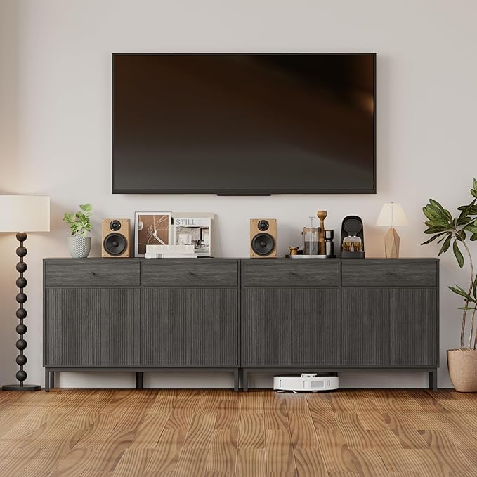 Mericonia Farmhouse Buffet Sideboard Cabinet with Storage, Fluted Coffee Bar with Doors and Adjustable Shelves, Modern Wood Console Cabinet with Drawers (4 Door, Grey 2 Drawer)