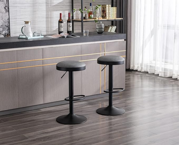 Round Swivel Counter Height Bar Stools Set of 3 Modern Adjustable Barstools Backless PU Leather Bar Chairs Industrial Island Chairs with Metal Base/Footrest for Kitchen Island/Pub/Bar, Grey
