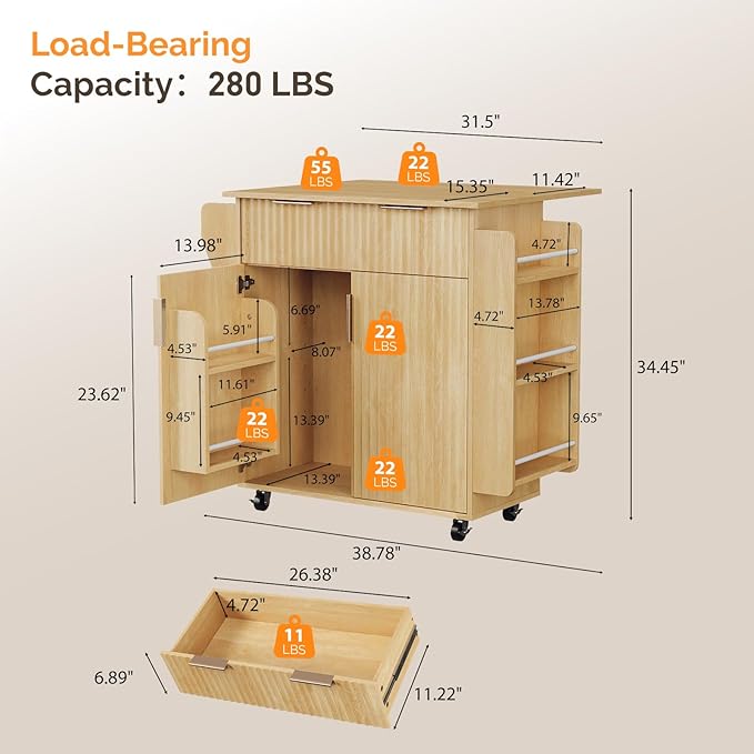 VINGLI Kitchen Island with Storage, Rolling Cart on Wheels with Foldable Drop Leaf, Drawer & Door Cabinet, Portable Kitchen Cart for Meal Prep & Organization, Oak