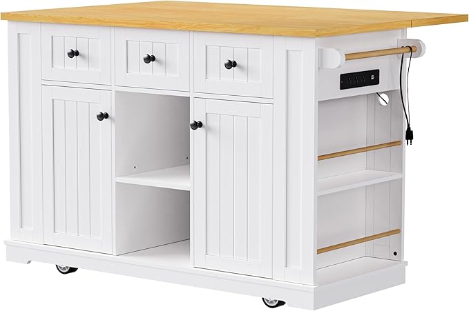 Rolling Kitchen Island with Drop Leaf & Power Outlet, Large Kitchen Islands Cart on Wheels, Movable Kitchen Island with 5 Open Storage Shelves & Towel Rack for Kitchen, Dining Room, 53-Inch, White