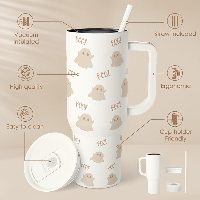 Boo Tumbler with Handle and Straw 40oz – Stainless Sleel Slider Tumbler Travel Coffee Mug for Women - Gift Idea for Fall Autumn Halloween Christmas