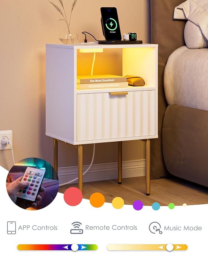 Nightstand with Charging Station and LED Lights, Modern White Bedside Table with Fluted Panel Drawer and Gold Legs, Side Table with USB Ports & Outlets for Bedroom, Living Room