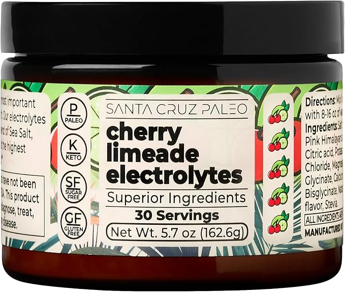 Santa Cruz Paleo Electrolyte Powder, Cherry Limeade, Sugar Free Hydration Drink Mix with Himalayan Pink Salt, Sea Salt, Magnesium Glycinate, Potassium Chloride, Sweetened with Stevia, 30 Servings