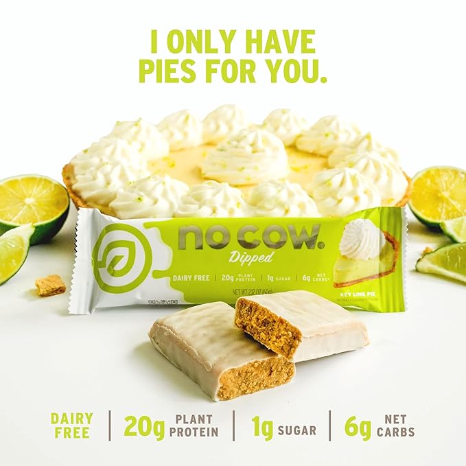 No Cow Vegan Protein Bars, Upgraded Key Lime Pie | 20g Plant Based Protein, Gluten Free, Dairy Free, Soy Free, Keto Friendly, Low Sugar, High Fiber Snack Bars | Pack of 12