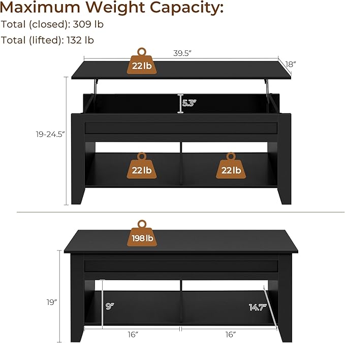 Yaheetech Black Wood Coffee Table Lift Top Coffee Table w/Hidden Storage & 2 Open Shelves for Living Room Reception Room Office, 39.5in L
