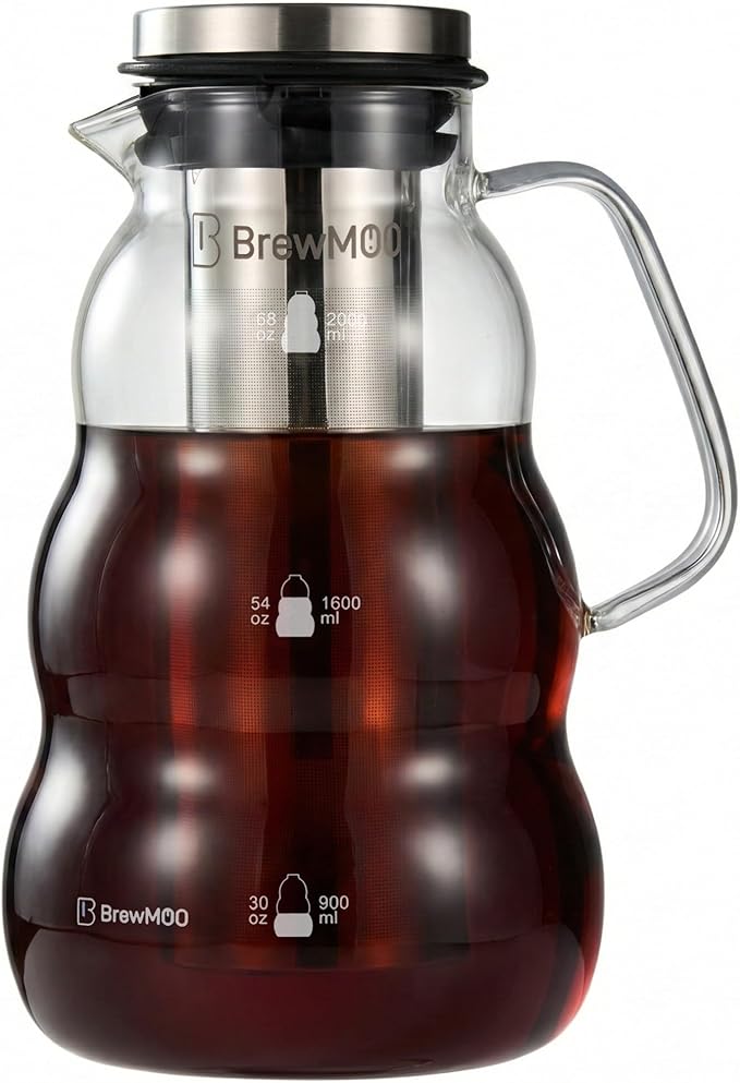 BrewMOO- Cold Brew Coffee Maker (2.0L/68Oz), Sleek Wave Borosilicate Glass Pitcher with Stainless Steel Filter, Airtight Lid + Wide Spout + Comfort Handle, Effortless Manual, Sophisticated Gift