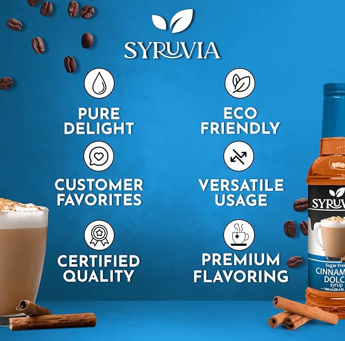 Syruvia Sugar Free Coffee Syrup, Cinnamon Dolce Flavored Syrup for Drinks, Lattes, and Desserts – 25.4 fl oz, With Pump