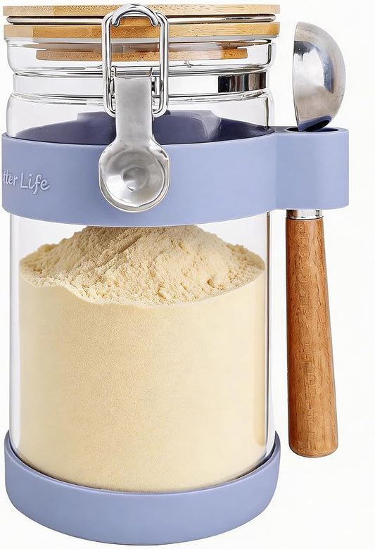 Airtight Glass Protein Powder Container with Scoop, 40oz (1200ml) Glass Supplement Storage Jar, Large Food Canister with Bamboo Lid for Kitchen & Pantry Organization - Ideal for Creatine,BCAA,Collagen