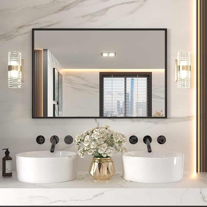 LOAAO 48"X32" Black Rectangle Bathroom Mirror Wall, Matte Black Aluminum Alloy Frame, Tempered Glass, Hangs Vertically or Horizontally, Easy to Install