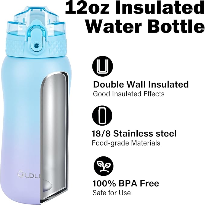 OLDLEY Insulated Kids Water Bottle, 12oz, Stainless Steel, Double Wall Vacuum, Leak-Proof, School Travel, Ombre Blue-purple