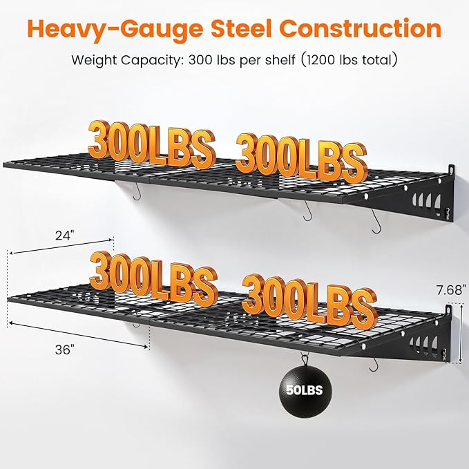 Garage Shelving 2x3ft 4-Pack, Garage Storage Rack 24"x36" Metal Shelves Black Wall Mounted with rods & 6 Hooks, Heavy Duty Wall Shelving Floating Shelves, 1200lbs Total load Capacity