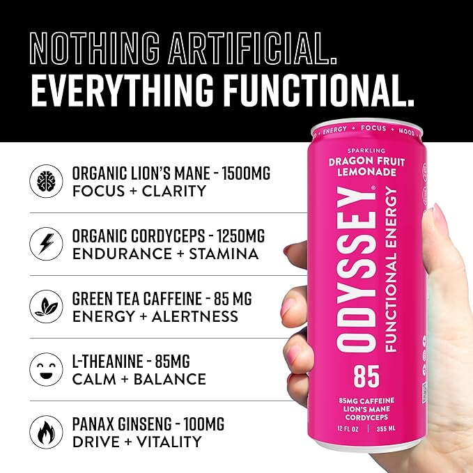 Odyssey Functional Energy Drink for Focus, Cognition & Mood Support 12 Pack - Adaptogenic Drink with 85mg Green Tea Caffeine, Lion’s Mane, Cordyceps, L-Theanine & Ginseng, Variety Pack