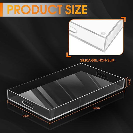 MAONAME Acrylic Serving Tray with Handles, 16"X12" Rectangular Clear Tray, Ottoman Decorative Trays, Coffee Table Trays for Countertop, Living Room, Office