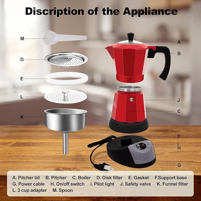 Vaolvpant Electric Aluminum Moka Pot 5-6 Cup 270ml Espresso Maker with Detachable Base Ideal Coffee Makers for Home MochaPot Italian and Cuban Café Coffeemaker Espressomaker CoffeePot Red